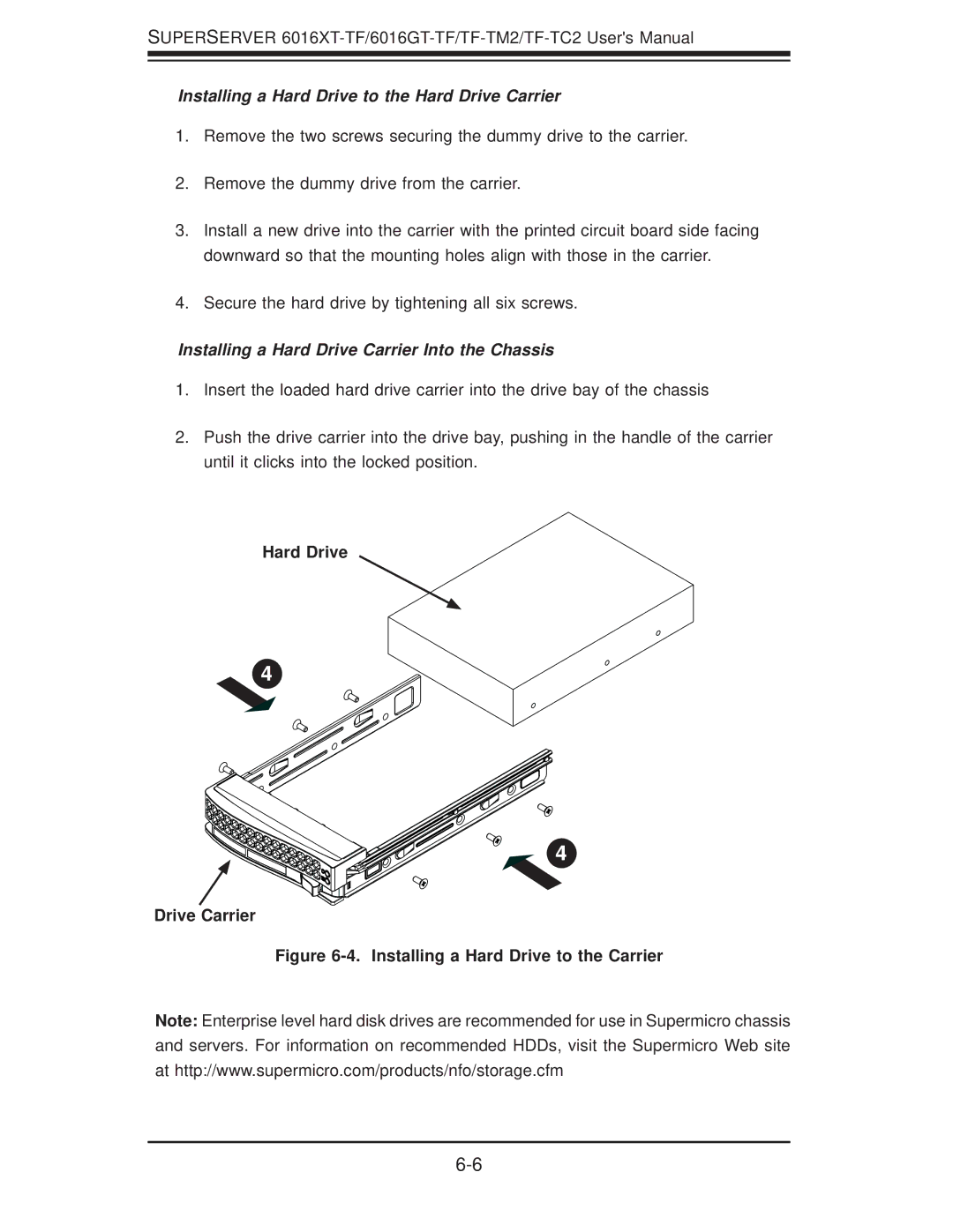SUPER MICRO Computer 6016GT-TF-TM2, 6016XT-TF Installing a Hard Drive to the Hard Drive Carrier, Hard Drive Drive Carrier 