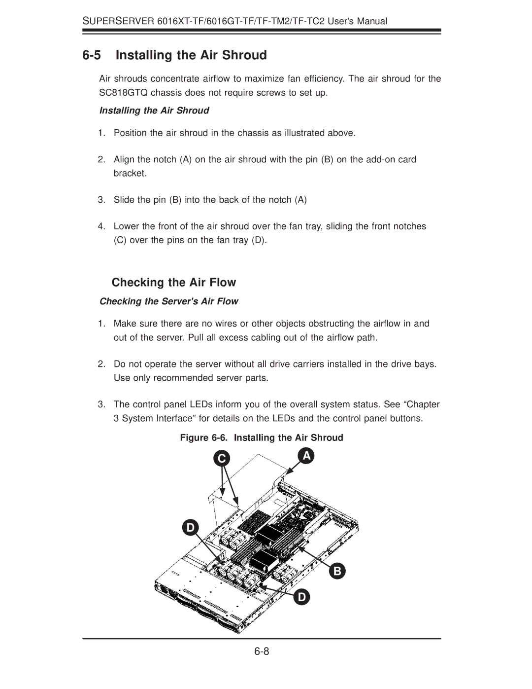 SUPER MICRO Computer 6016GT-TF, 6016XT-TF Installing the Air Shroud, Checking the Air Flow, Checking the Servers Air Flow 
