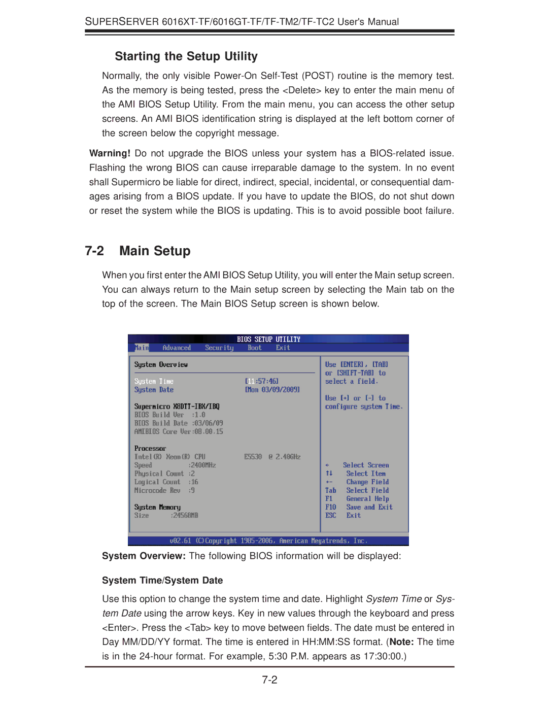 SUPER MICRO Computer 6016GT-TF-TC2, 6016GT-TF-TM2 Main Setup, Starting the Setup Utility, System Time/System Date 