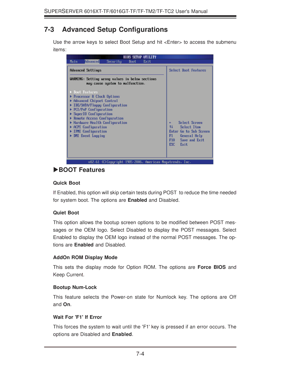 SUPER MICRO Computer 6016GT-TF-TM2, 6016GT-TF-TC2, 6016XT-TF user manual Advanced Setup Conﬁgurations, BOOT Features 