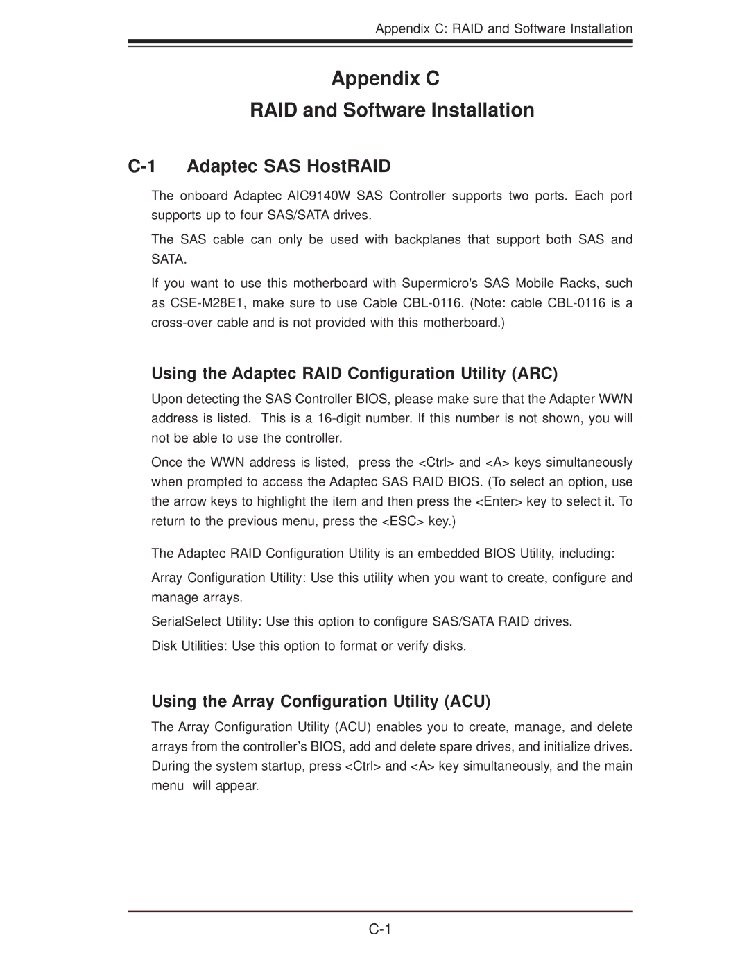 SUPER MICRO Computer 6025B-3R user manual Appendix C RAID and Software Installation, Adaptec SAS HostRAID 