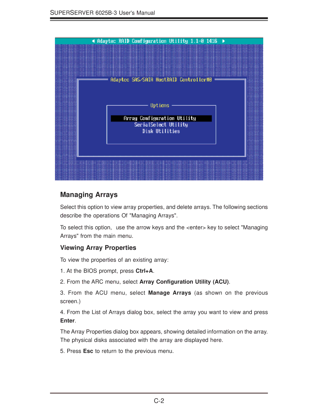 SUPER MICRO Computer 6025B-3R user manual Managing Arrays, Viewing Array Properties 