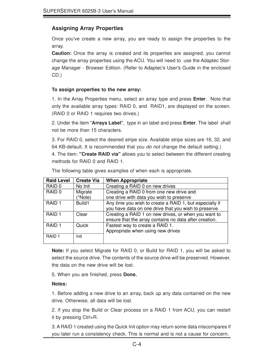 SUPER MICRO Computer 6025B-3R user manual Assigning Array Properties, To assign properties to the new array 