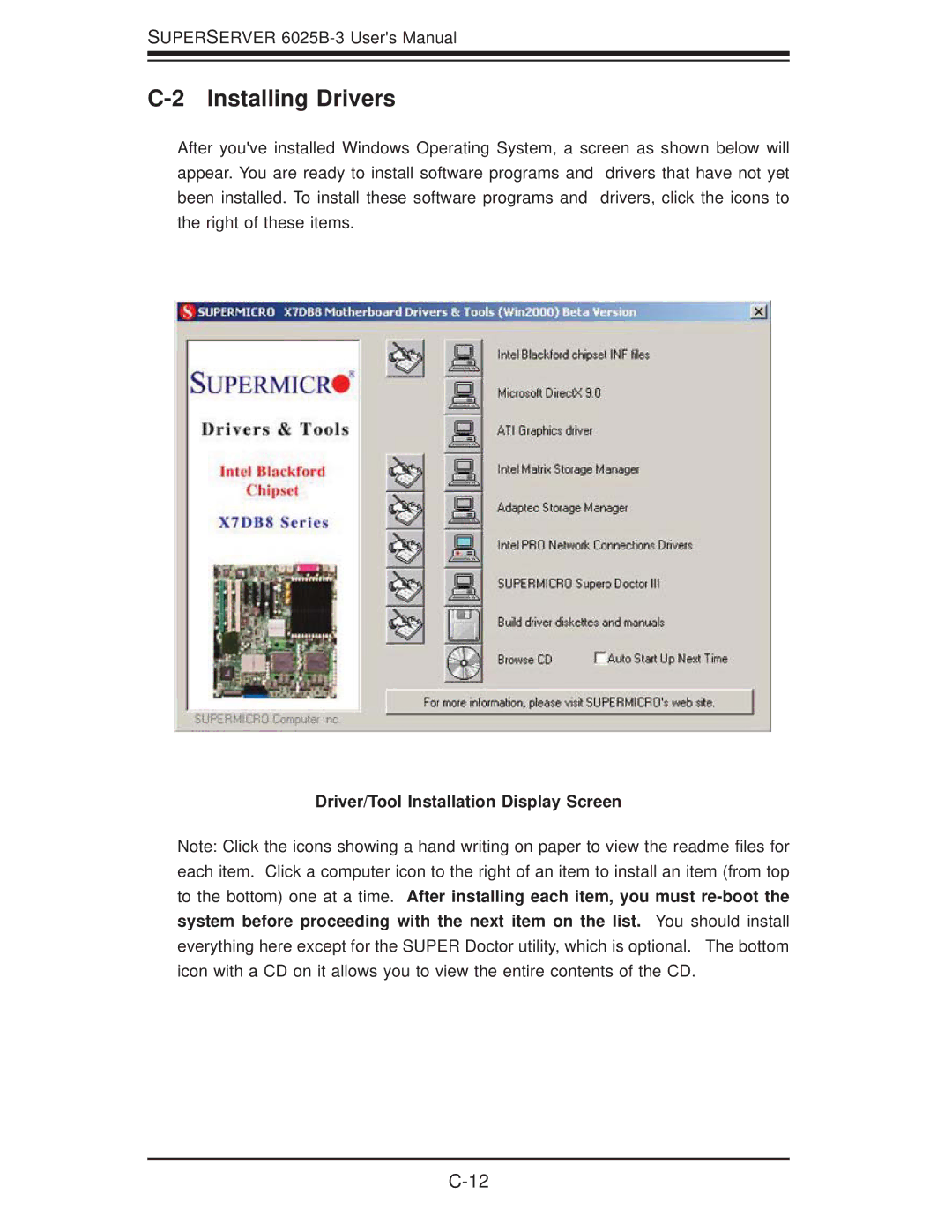 SUPER MICRO Computer 6025B-3R user manual Installing Drivers, Driver/Tool Installation Display Screen 