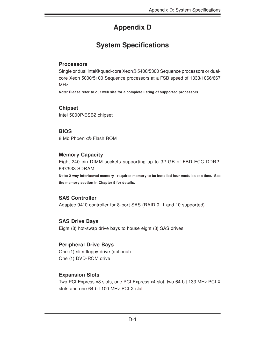 SUPER MICRO Computer 6025B-3R user manual Appendix D System Speciﬁcations 