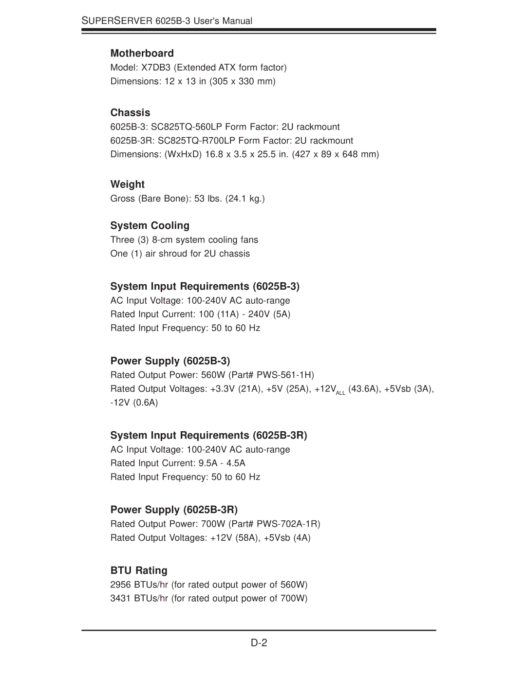 SUPER MICRO Computer Motherboard, Chassis, Weight, System Cooling, System Input Requirements 6025B-3, BTU Rating 