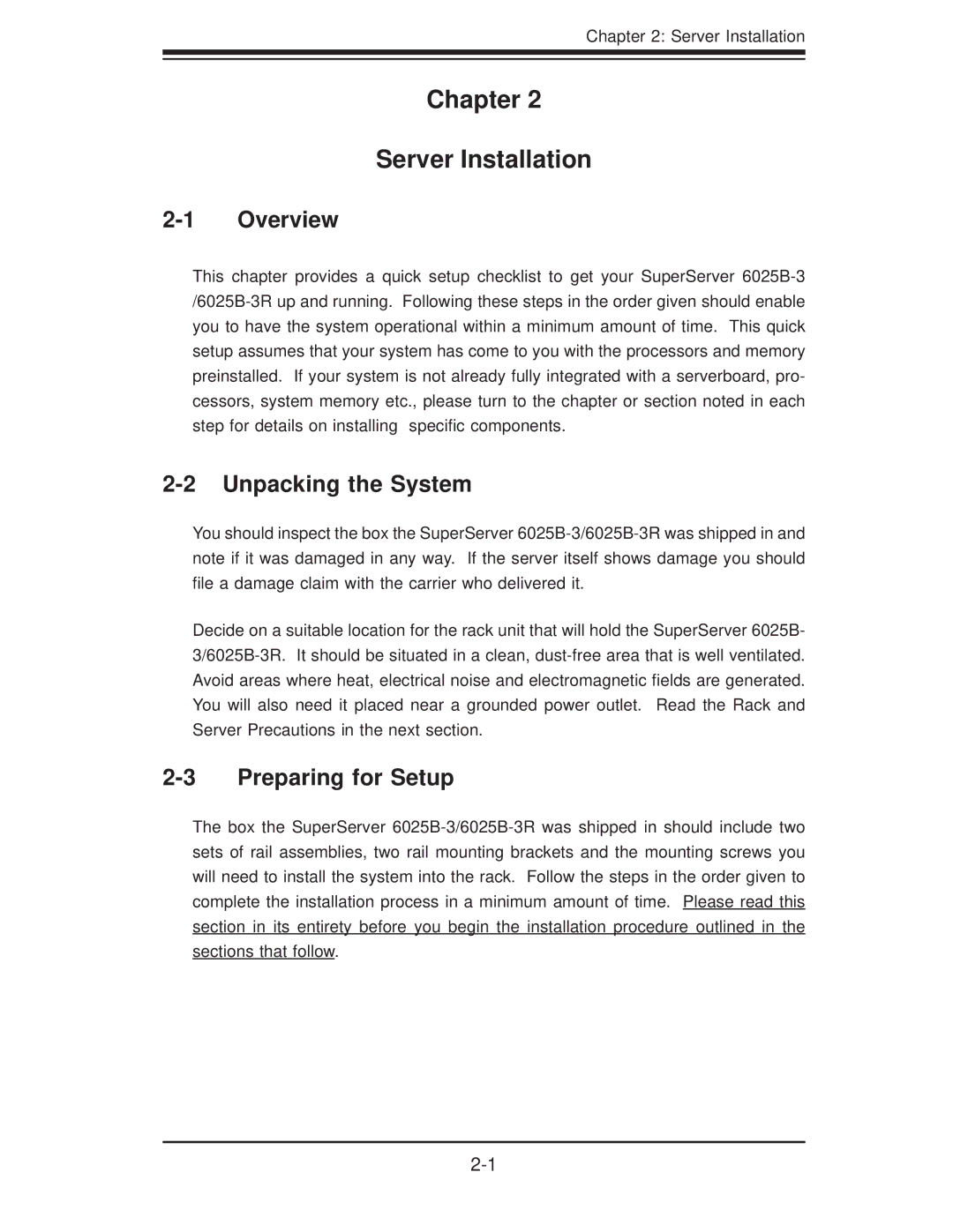 SUPER MICRO Computer 6025B-3R user manual Chapter Server Installation, Unpacking the System, Preparing for Setup 