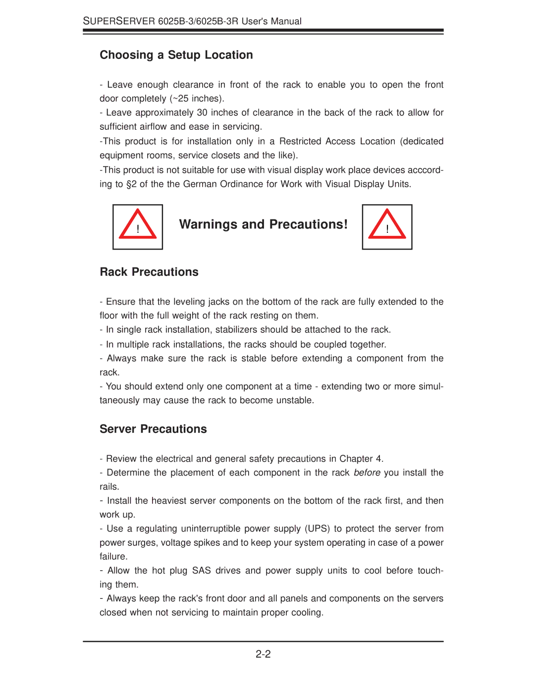 SUPER MICRO Computer 6025B-3R user manual Choosing a Setup Location, Rack Precautions, Server Precautions 