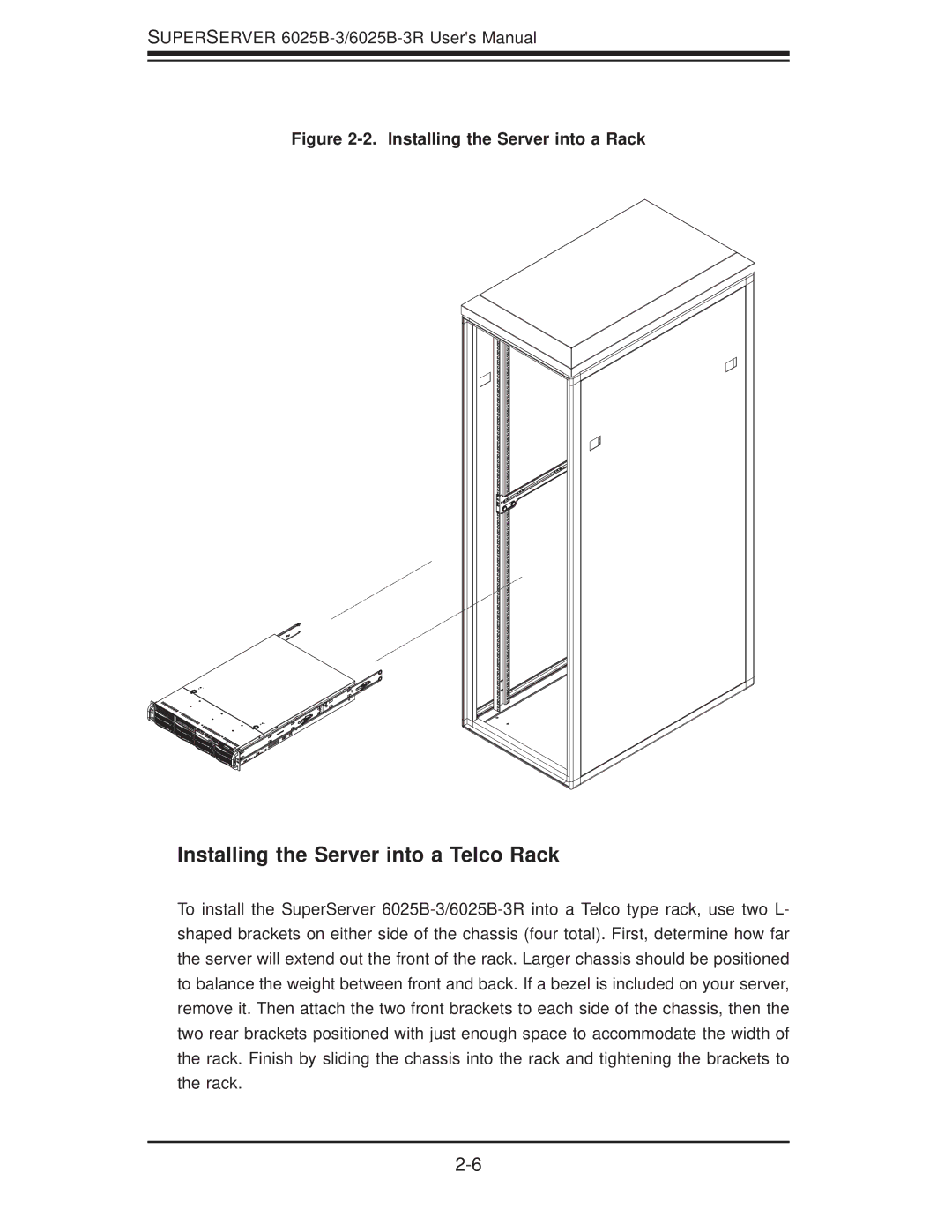 SUPER MICRO Computer 6025B-3R user manual Installing the Server into a Telco Rack, Installing the Server into a Rack 