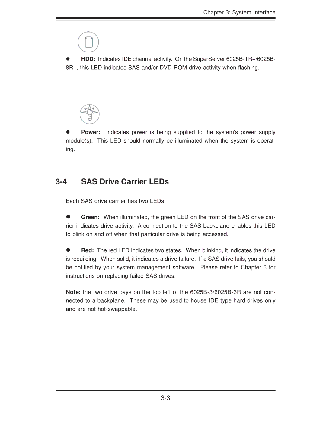 SUPER MICRO Computer 6025B-3R user manual SAS Drive Carrier LEDs 