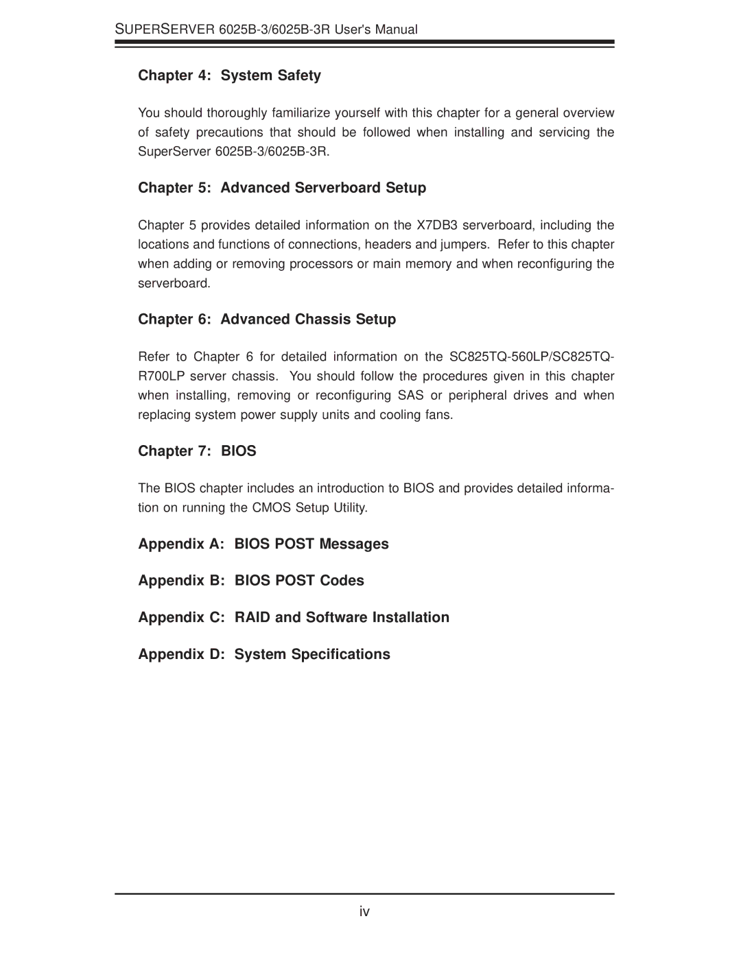 SUPER MICRO Computer 6025B-3R user manual System Safety, Advanced Serverboard Setup, Advanced Chassis Setup, Bios 