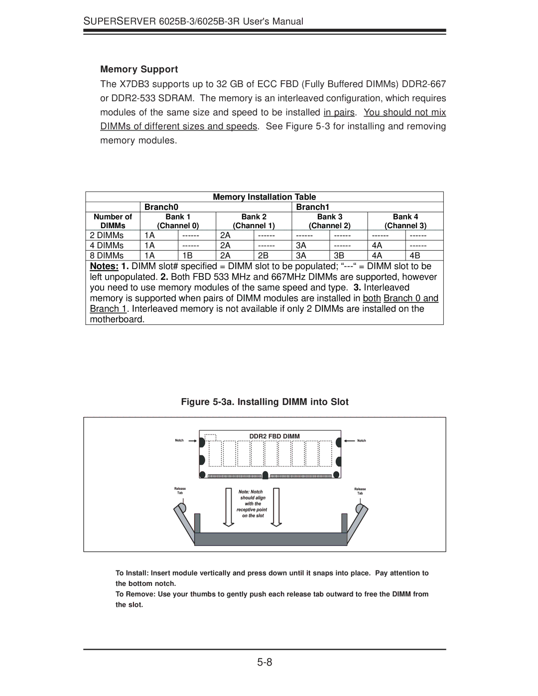 SUPER MICRO Computer 6025B-3R user manual Memory Support, 3a. Installing Dimm into Slot 