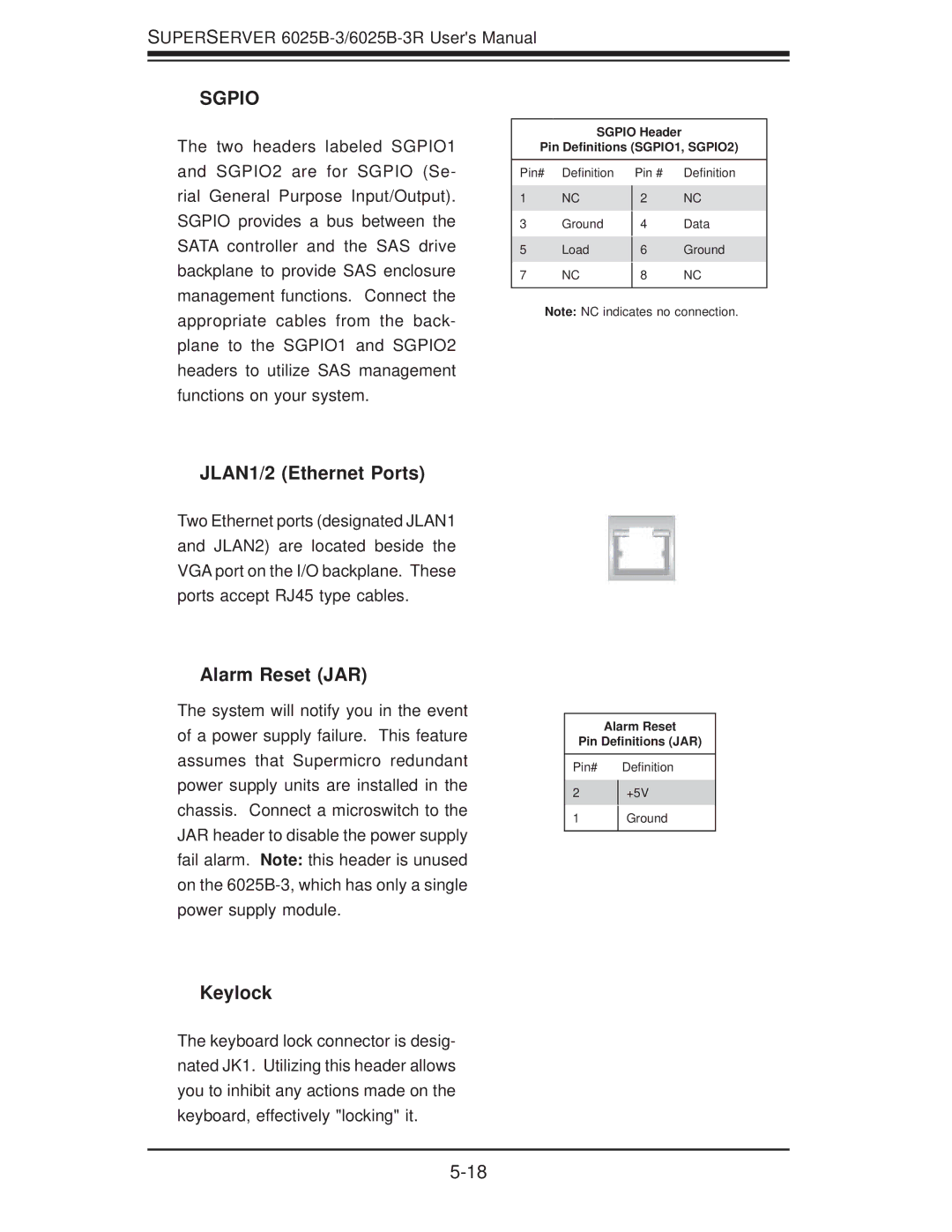 SUPER MICRO Computer 6025B-3R user manual JLAN1/2 Ethernet Ports, Alarm Reset JAR, Keylock 