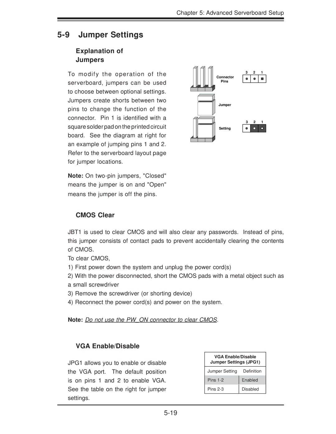 SUPER MICRO Computer 6025B-3R user manual Jumper Settings, Explanation Jumpers, Cmos Clear, VGA Enable/Disable 