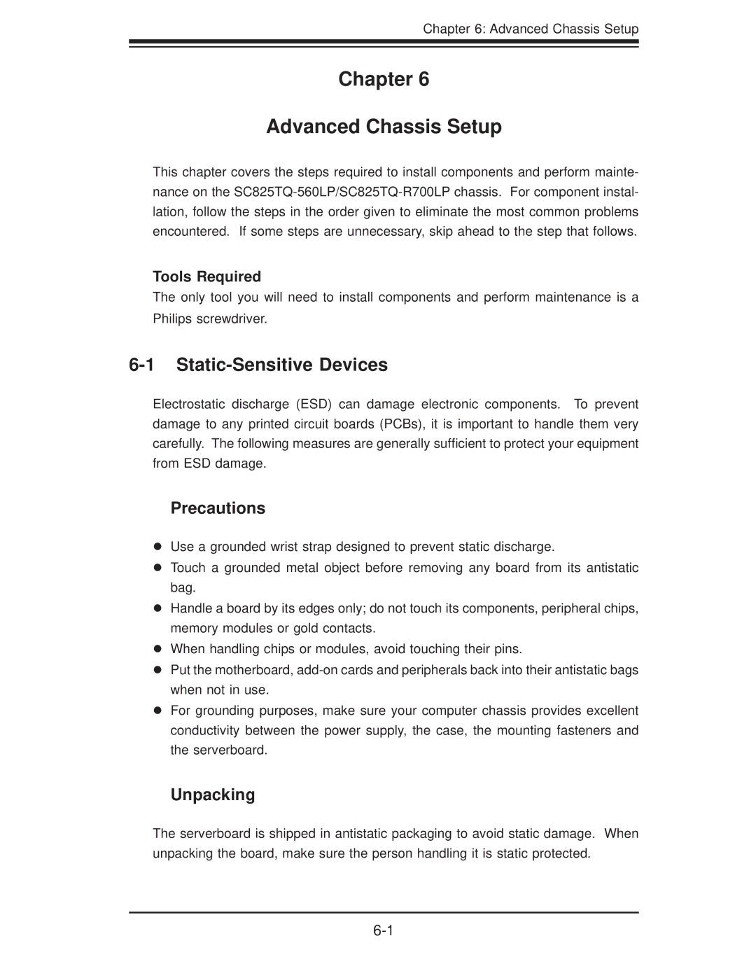 SUPER MICRO Computer 6025B-3R Chapter Advanced Chassis Setup, Static-Sensitive Devices, Unpacking, Tools Required 