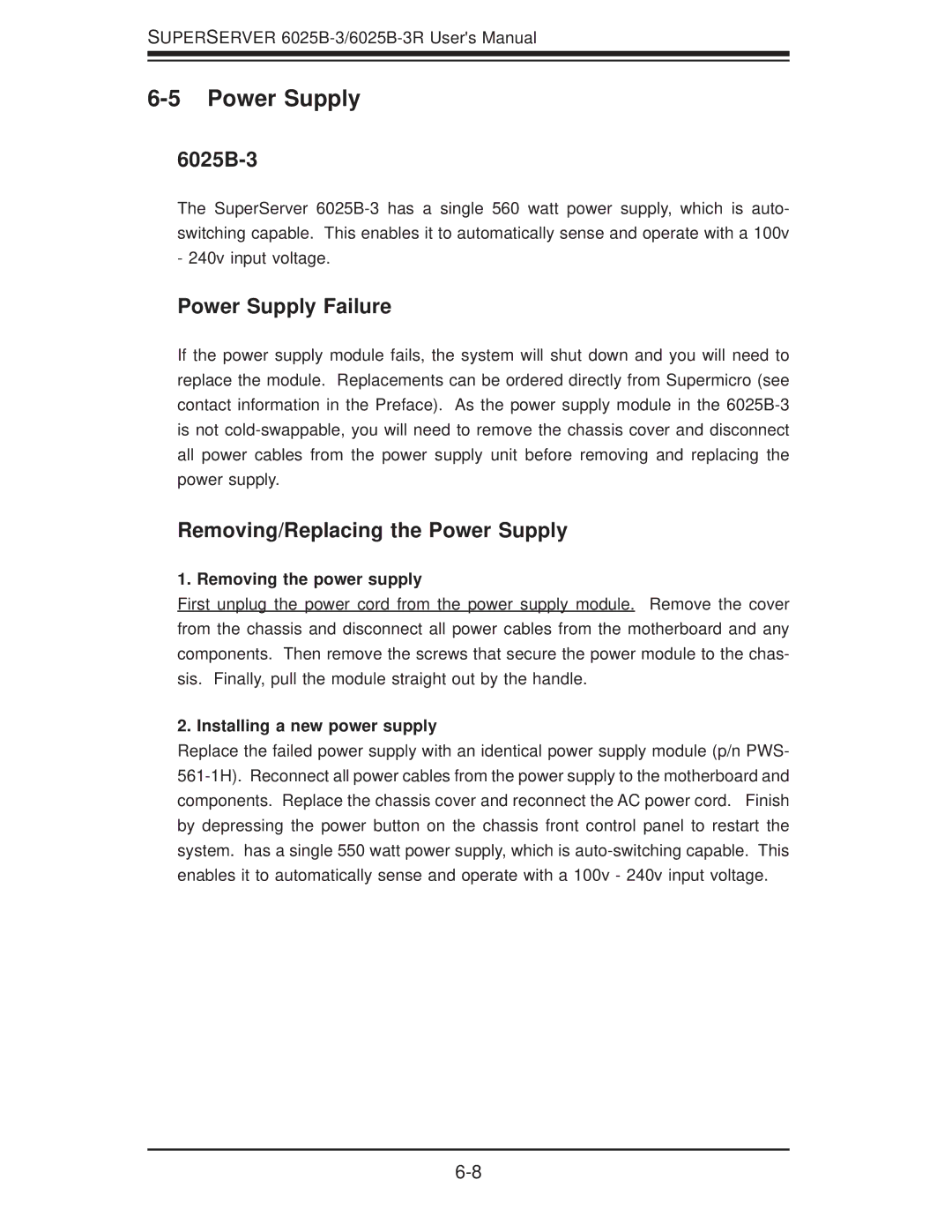 SUPER MICRO Computer 6025B-3R user manual Power Supply Failure, Removing/Replacing the Power Supply 