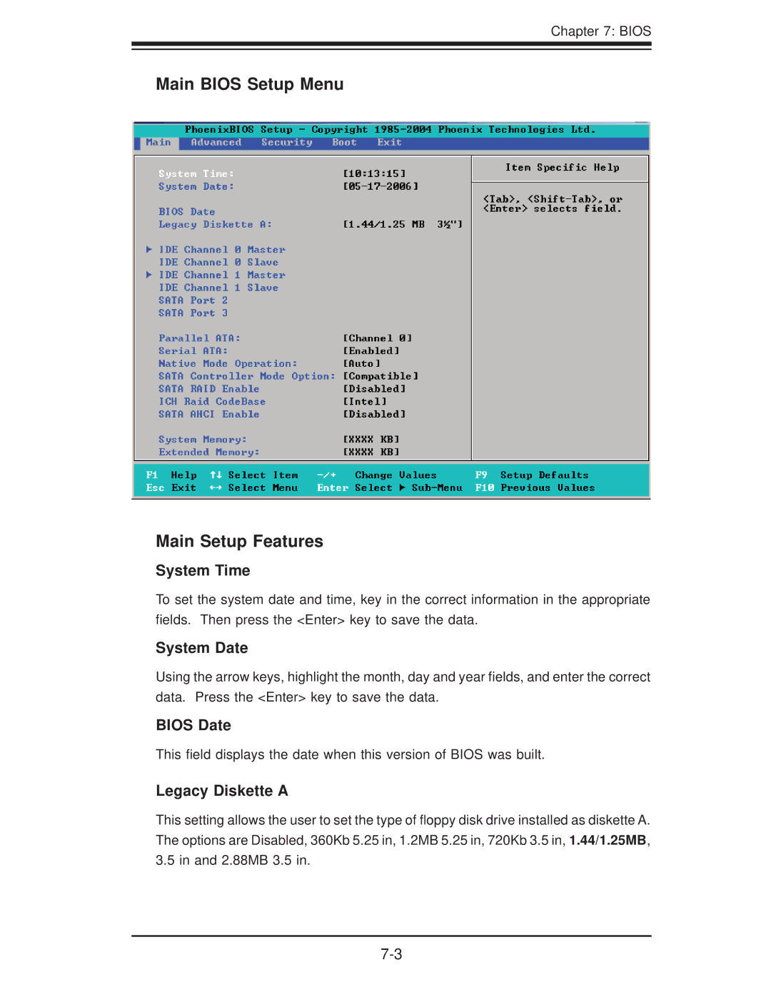 SUPER MICRO Computer 6025B-3R user manual Main Bios Setup Menu Main Setup Features, System Time, System Date, Bios Date 