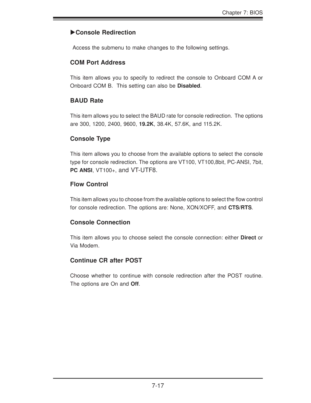 SUPER MICRO Computer 6025B-3R user manual Console Redirection, COM Port Address, Baud Rate, Console Type, Flow Control 