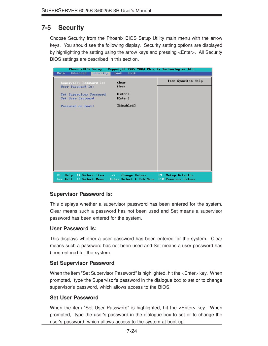 SUPER MICRO Computer 6025B-3R user manual Security, Supervisor Password Is, User Password Is, Set Supervisor Password 