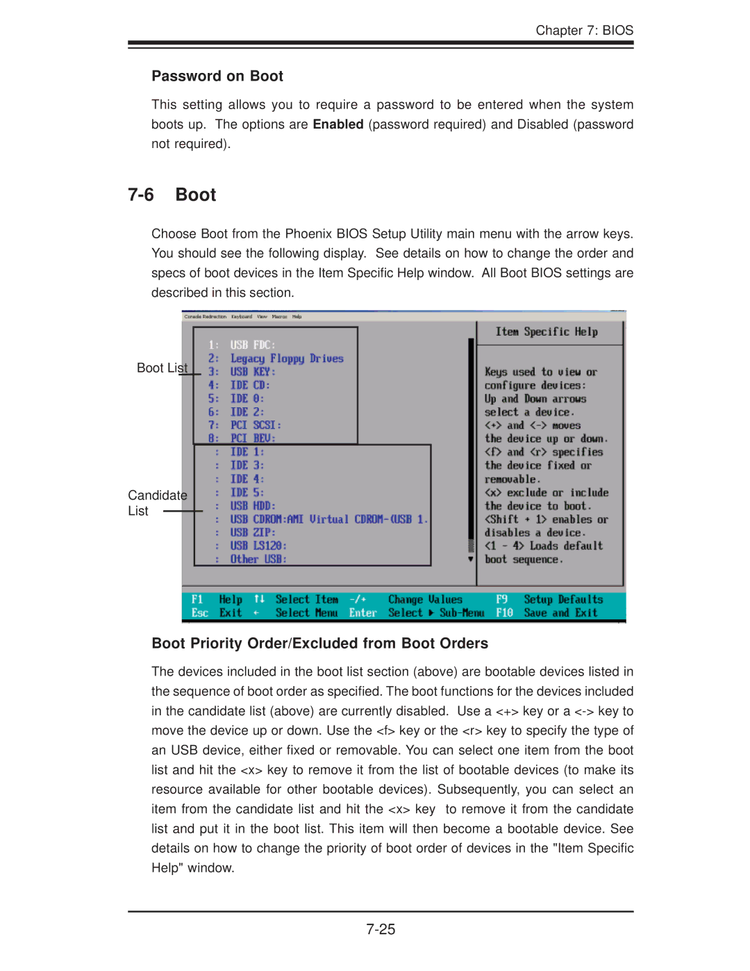 SUPER MICRO Computer 6025B-3R user manual Password on Boot, Boot Priority Order/Excluded from Boot Orders 