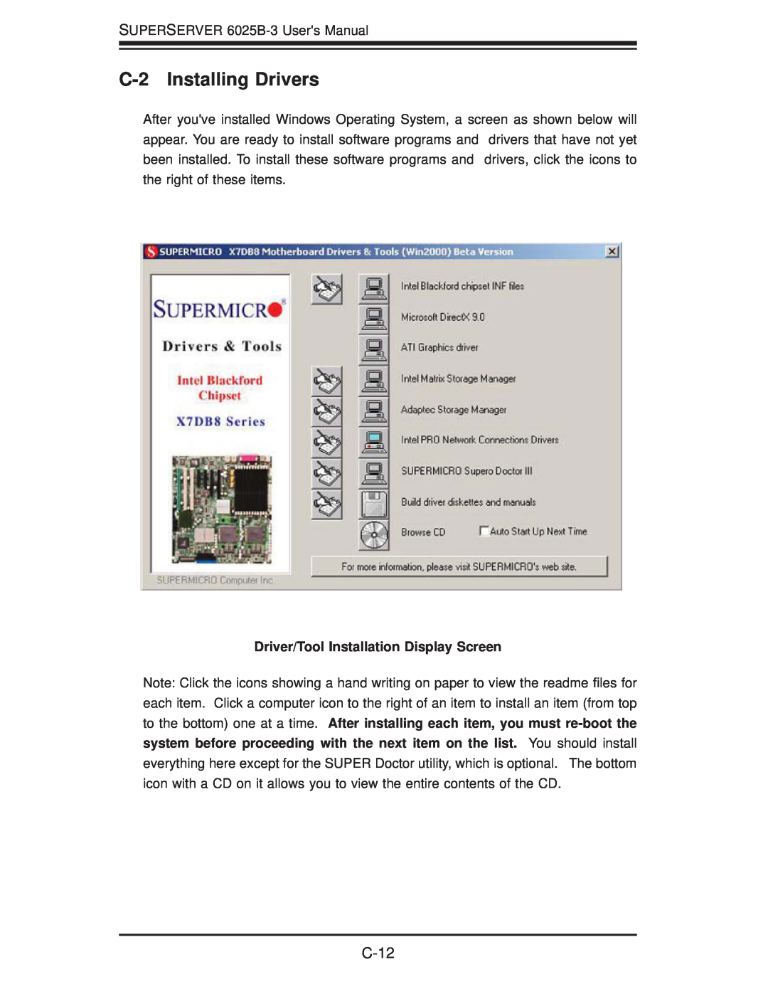 SUPER MICRO Computer 6025B-3R user manual C-2 Installing Drivers, C-12, Driver/Tool Installation Display Screen 