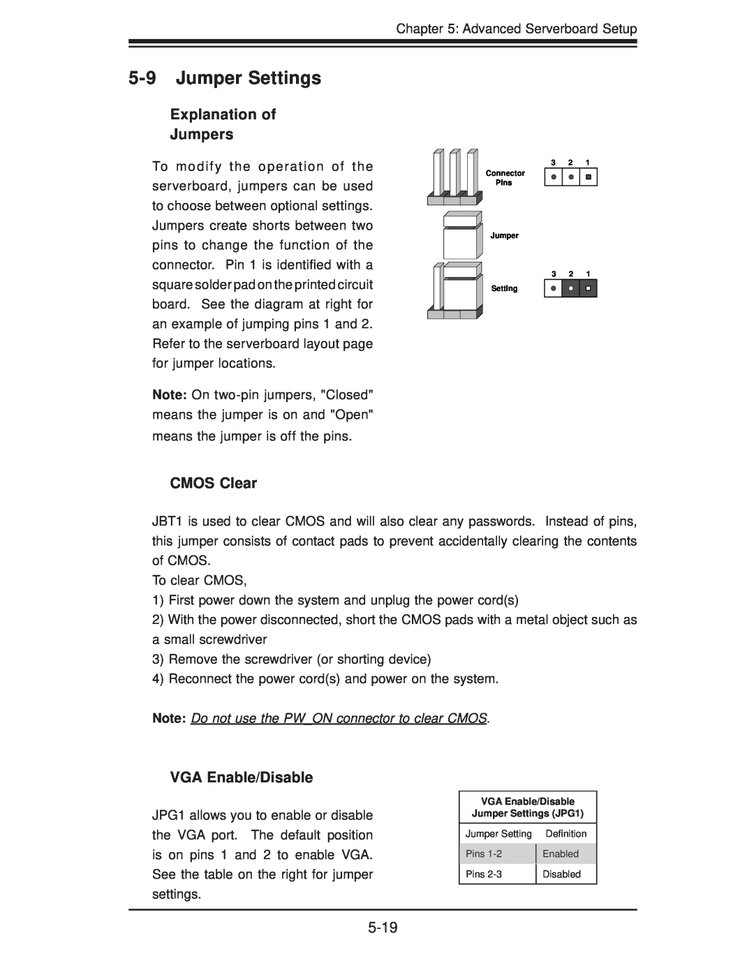SUPER MICRO Computer 6025B-3R user manual Jumper Settings, Explanation of Jumpers, CMOS Clear, VGA Enable/Disable 