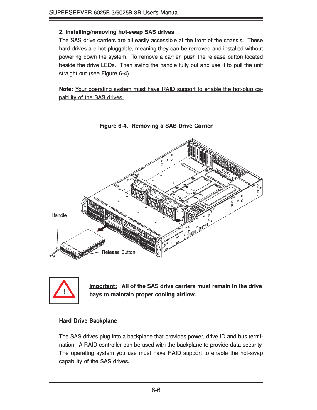 SUPER MICRO Computer 6025B-3R user manual Installing/removing hot-swap SAS drives, 4. Removing a SAS Drive Carrier 