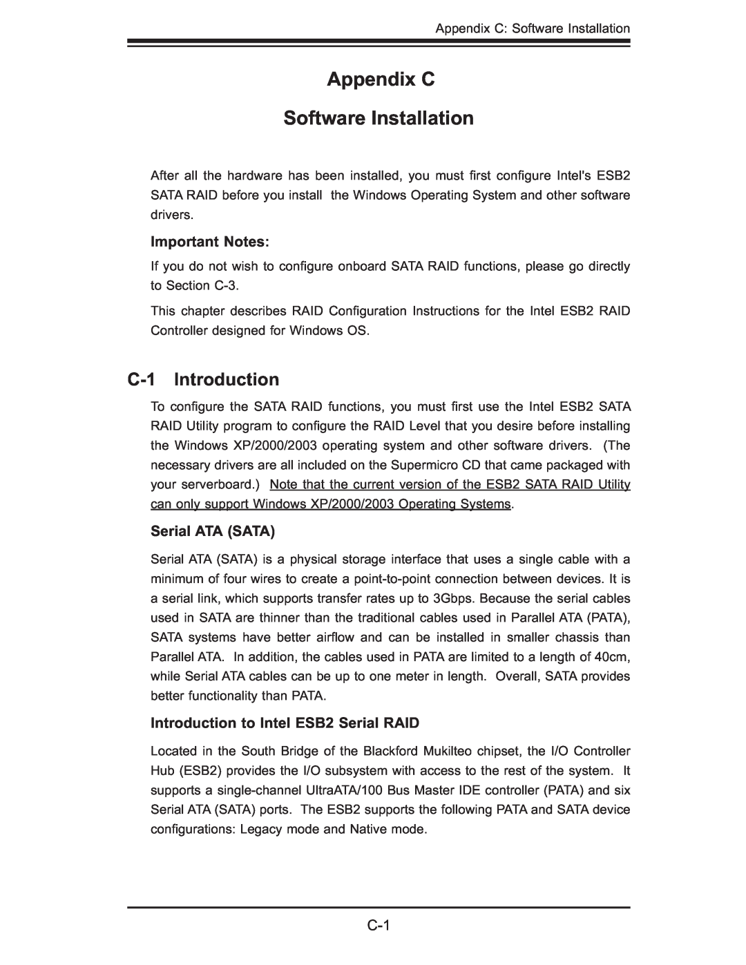 SUPER MICRO Computer 6025B-UR Appendix C Software Installation, C-1 Introduction, Important Notes, Serial ATA SATA 