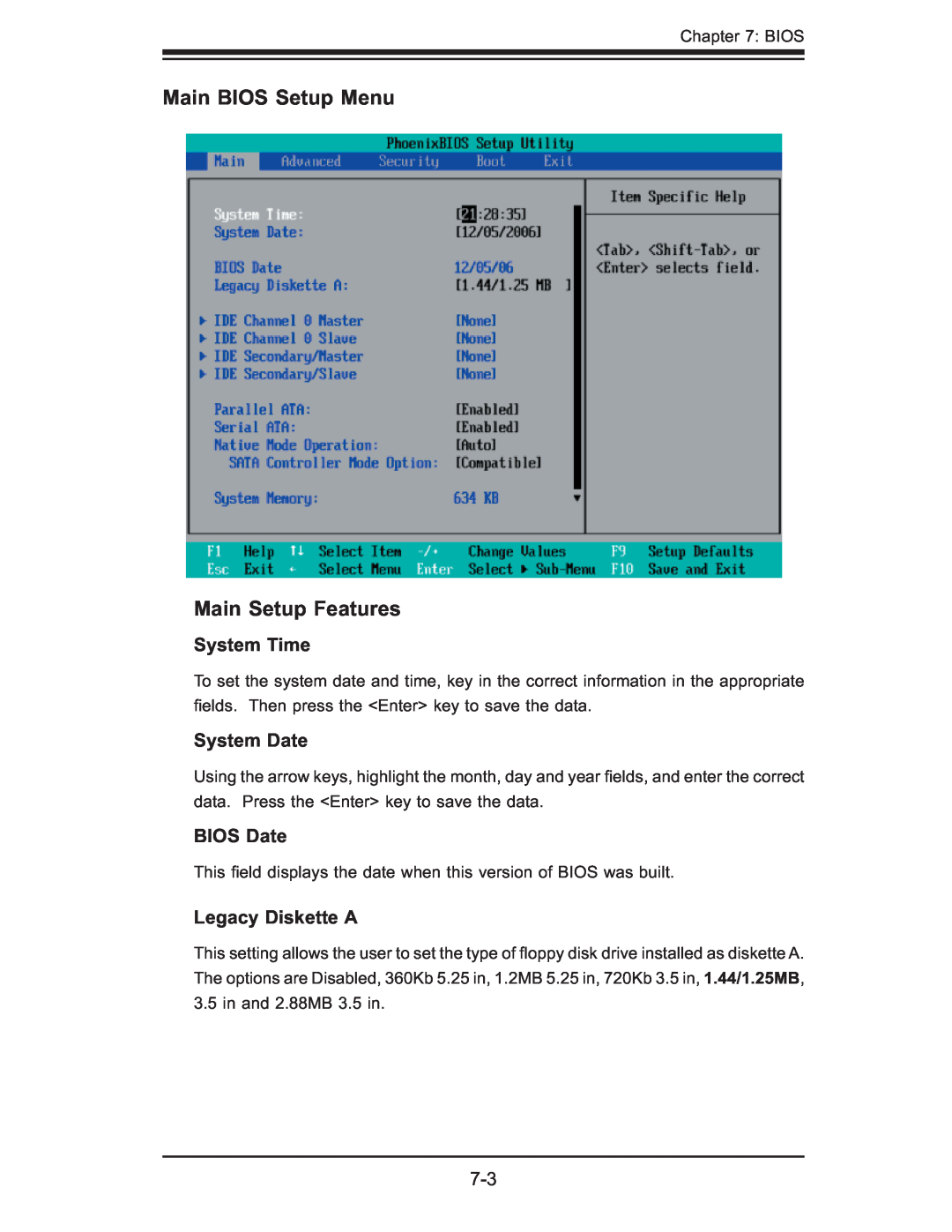 SUPER MICRO Computer 6025B-UR user manual Main BIOS Setup Menu Main Setup Features, System Time, System Date, BIOS Date 