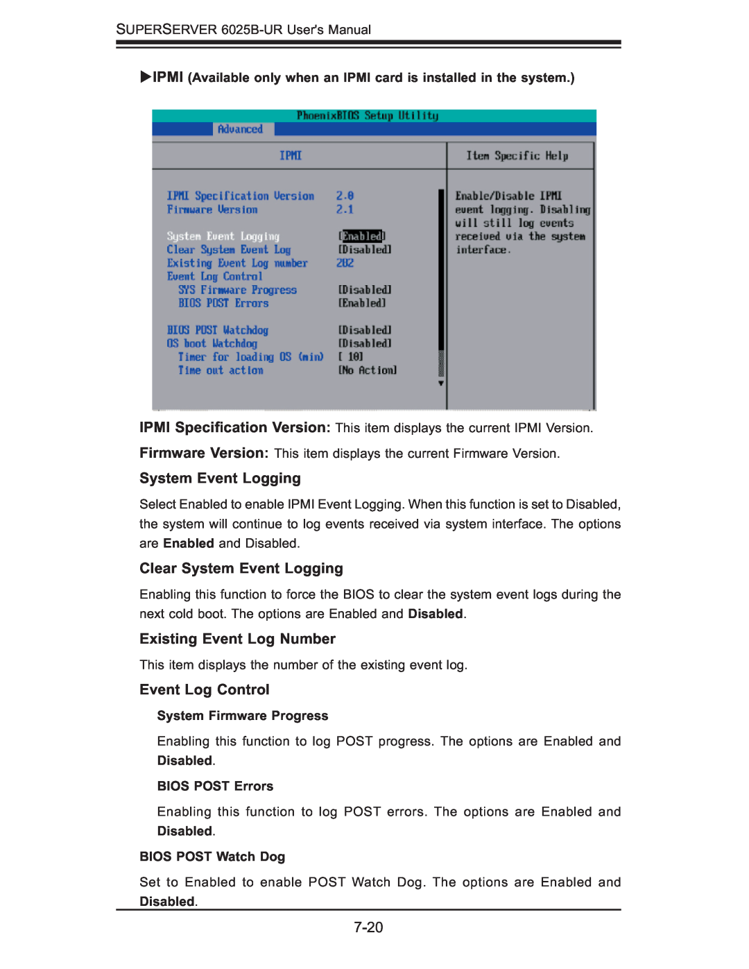SUPER MICRO Computer 6025B-UR user manual Clear System Event Logging, Existing Event Log Number, Event Log Control 