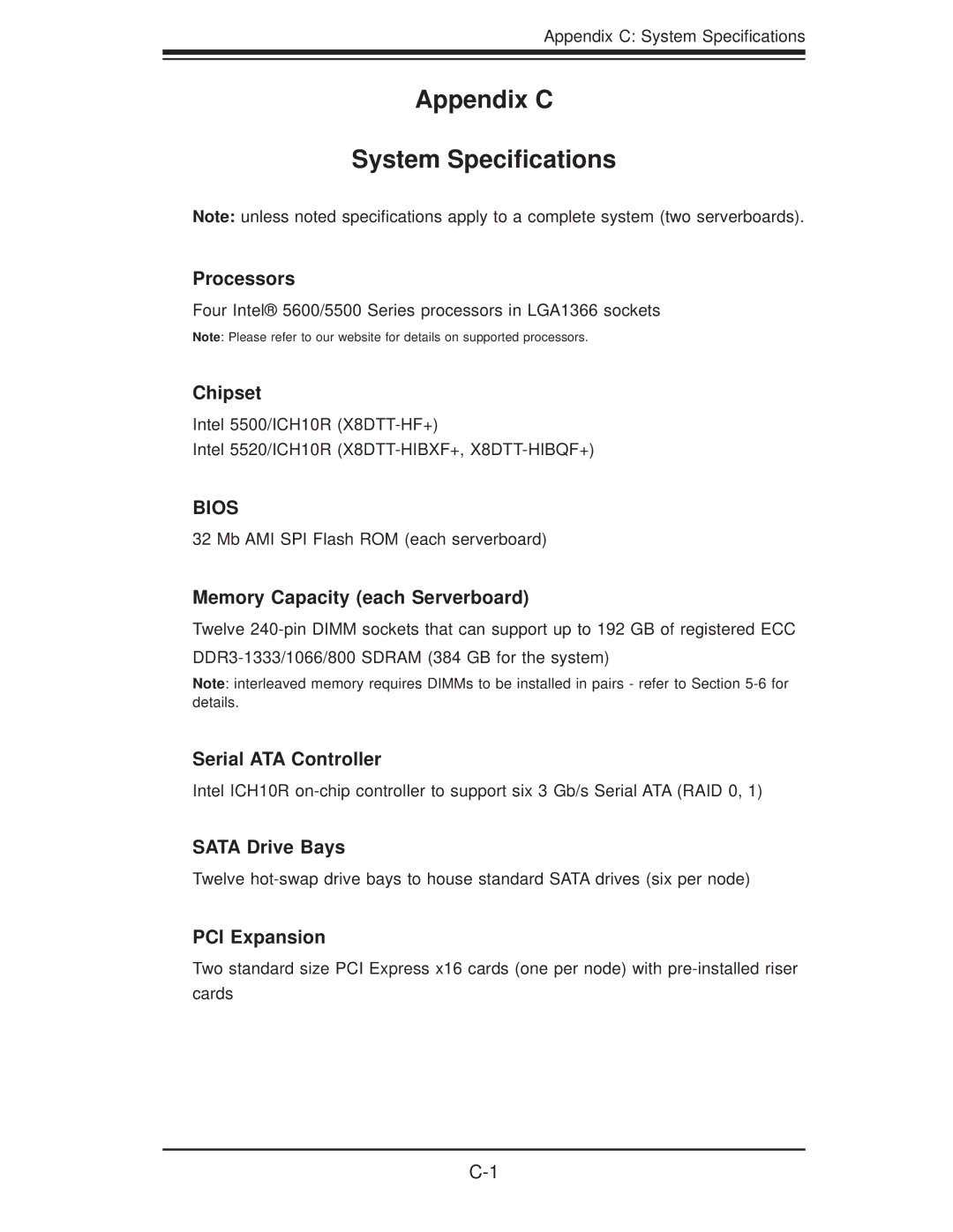 SUPER MICRO Computer 6026TT-GIBXRF, 6026TT-GIBQRF, 6026TT-GTRF user manual Appendix C System Speciﬁcations, Bios 