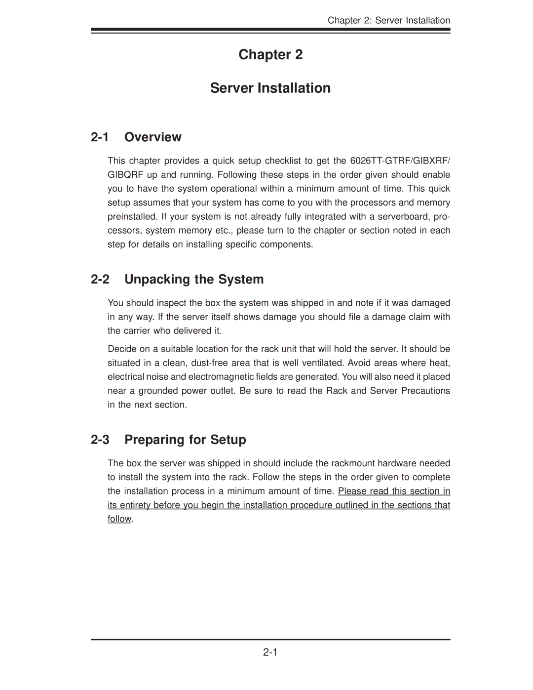 SUPER MICRO Computer 6026TT-GIBXRF, 6026TT-GIBQRF Chapter Server Installation, Unpacking the System, Preparing for Setup 