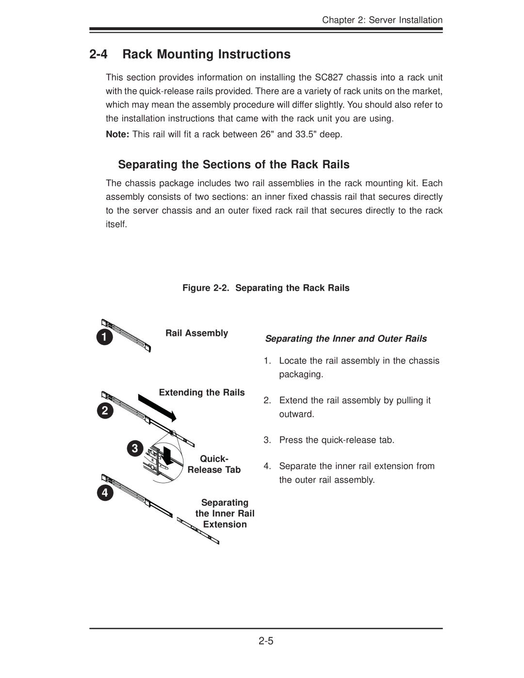 SUPER MICRO Computer 6026TT-GIBQRF Rack Mounting Instructions, Separating the Sections of the Rack Rails, Rail Assembly 