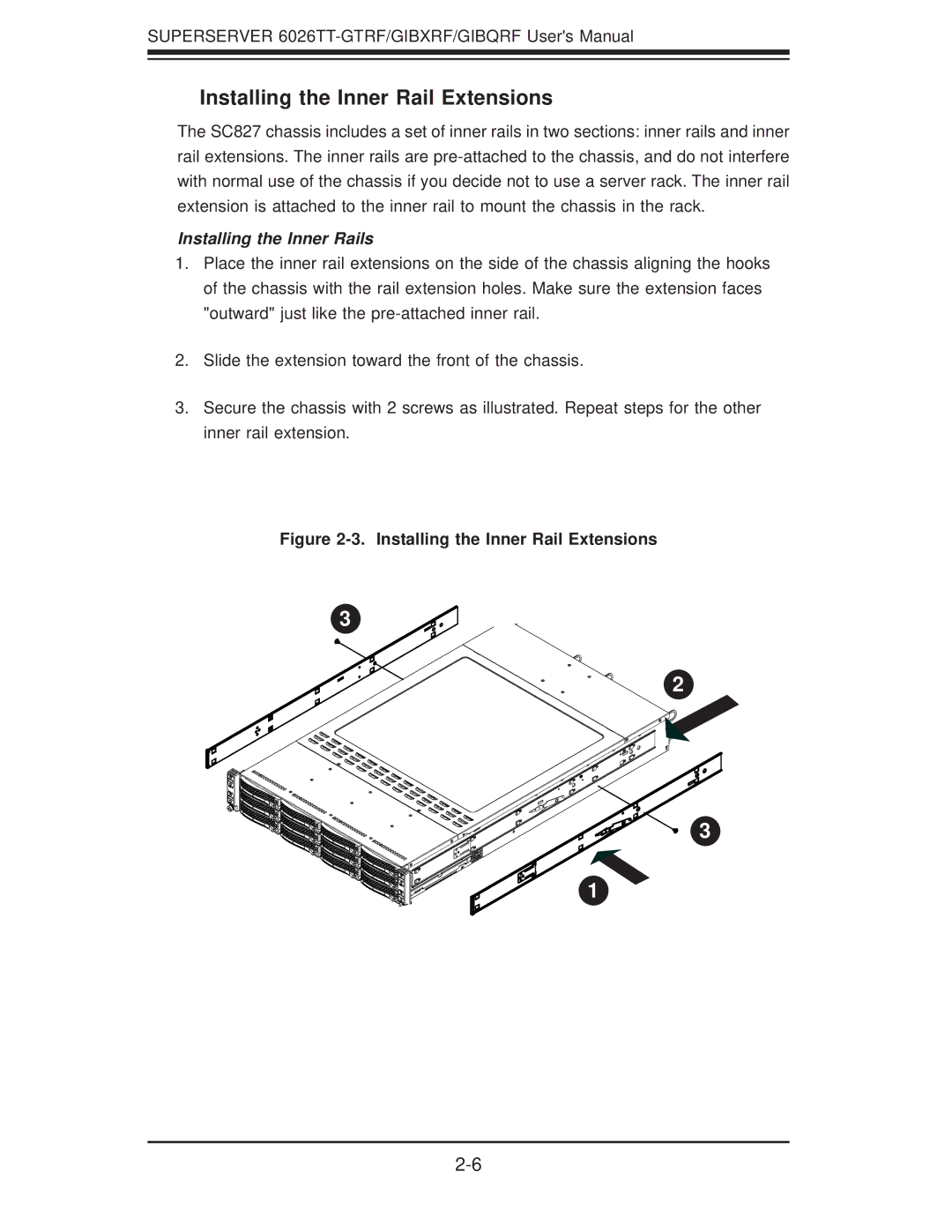 SUPER MICRO Computer 6026TT-GTRF, 6026TT-GIBQRF user manual Installing the Inner Rail Extensions, Installing the Inner Rails 