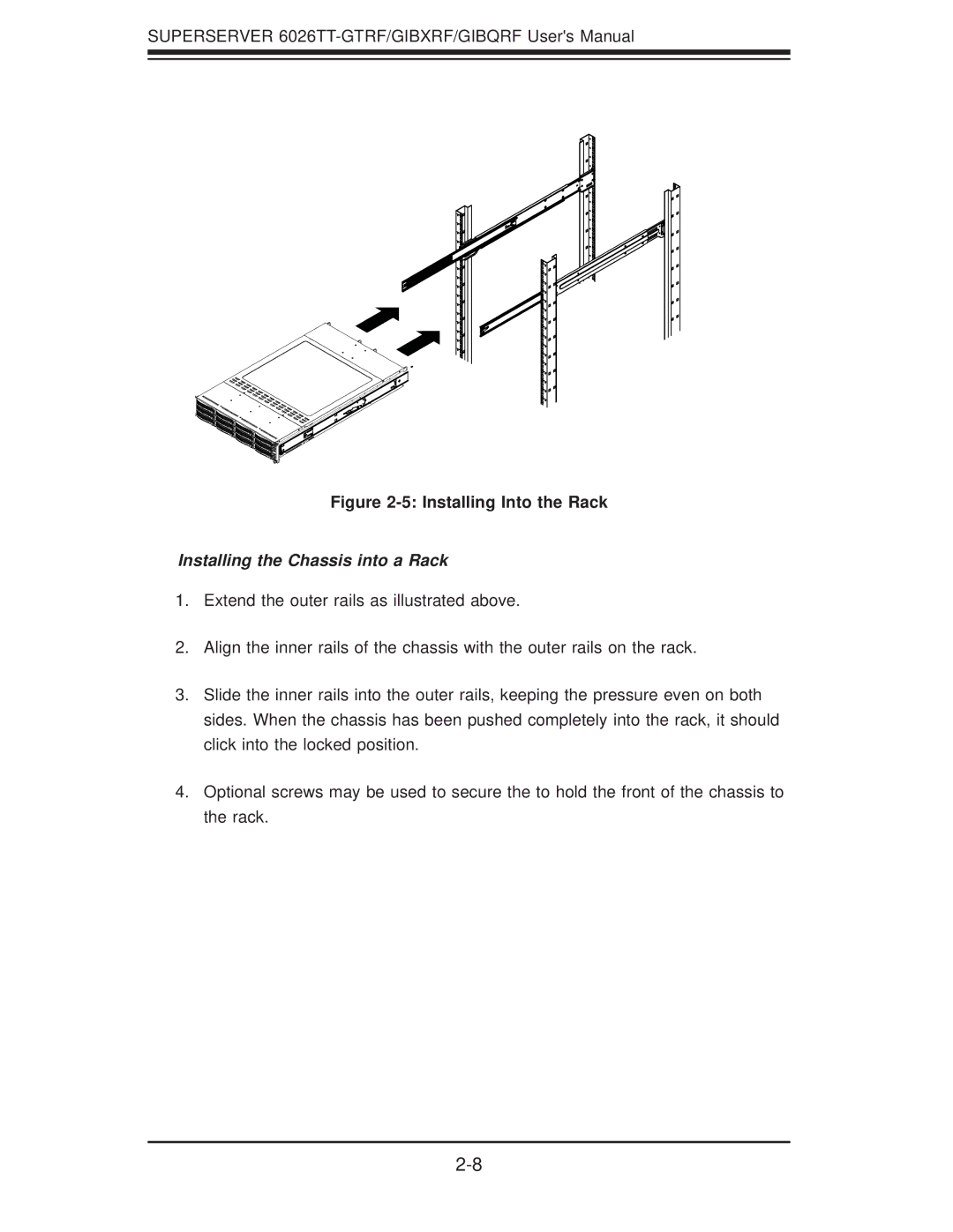 SUPER MICRO Computer 6026TT-GIBQRF, 6026TT-GTRF, 6026TT-GIBXRF Installing Into the Rack, Installing the Chassis into a Rack 