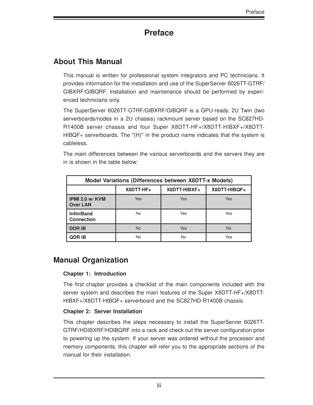 SUPER MICRO Computer 6026TT-GIBQRF, 6026TT-GTRF, 6026TT-GIBXRF user manual Preface, About This Manual, Manual Organization 