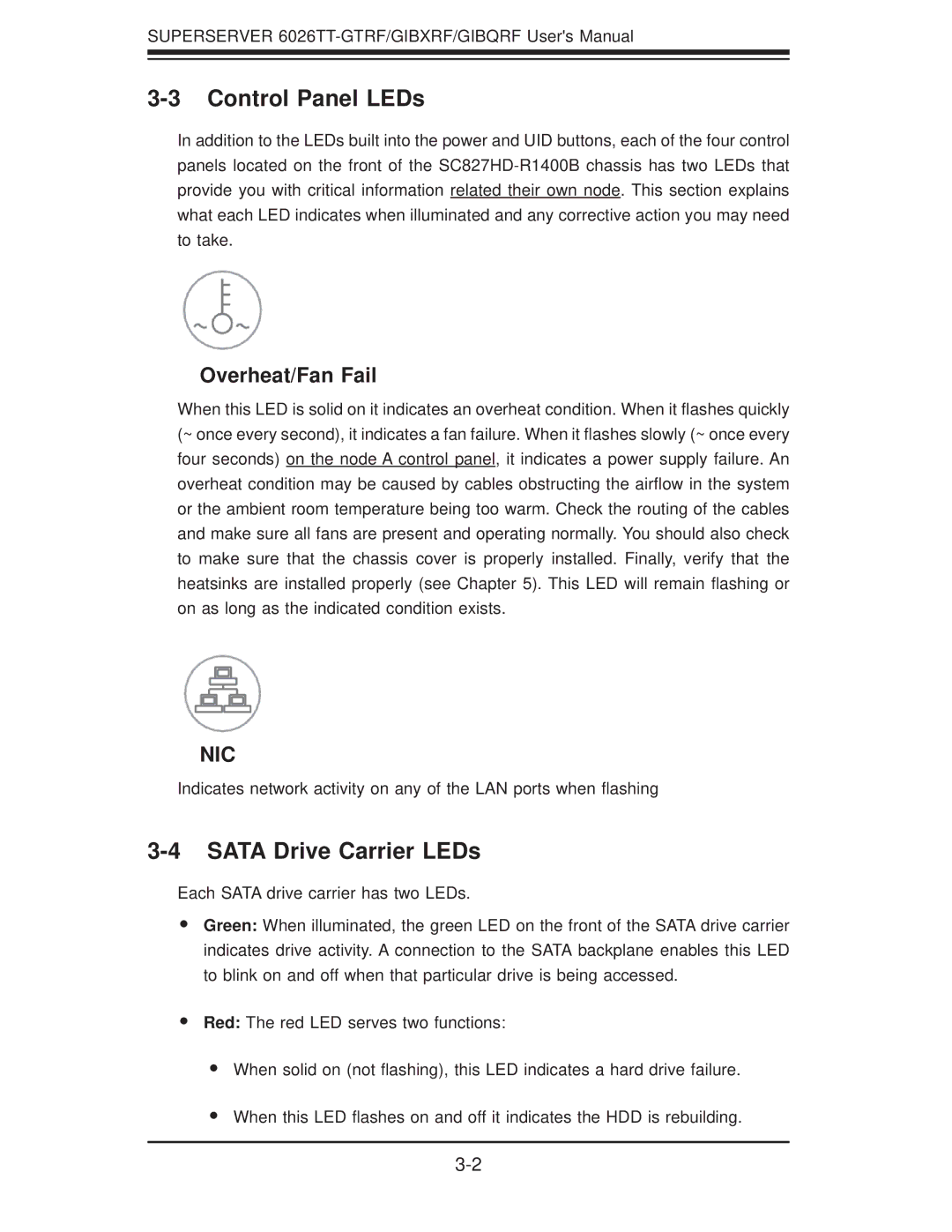SUPER MICRO Computer 6026TT-GIBQRF, 6026TT-GTRF user manual Control Panel LEDs, Sata Drive Carrier LEDs, Overheat/Fan Fail 