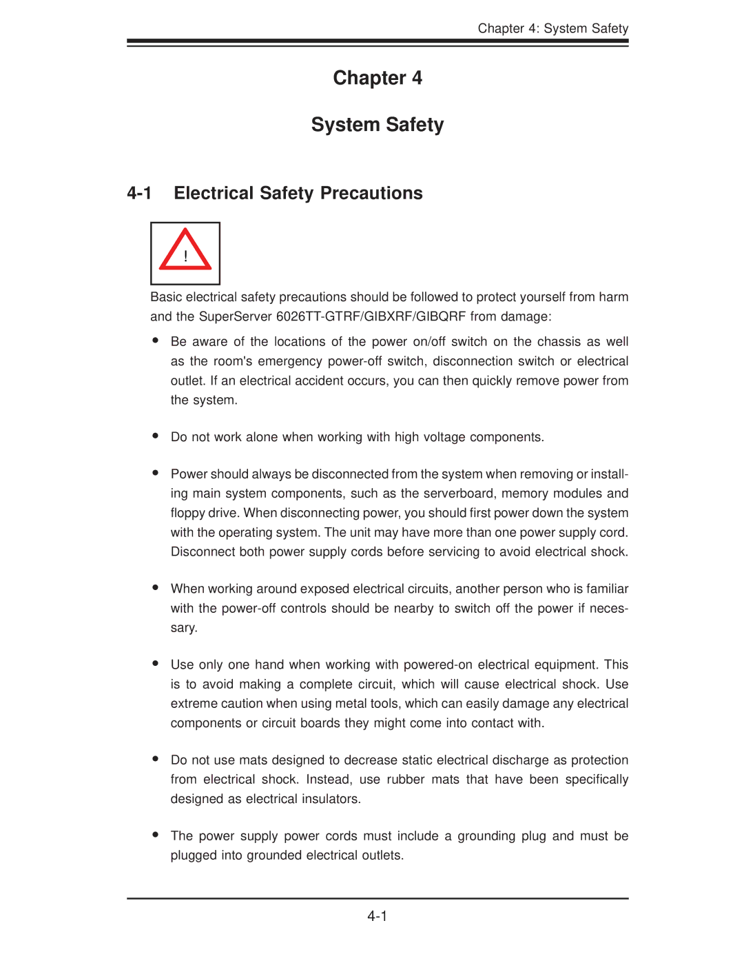 SUPER MICRO Computer 6026TT-GTRF, 6026TT-GIBQRF, 6026TT-GIBXRF Chapter System Safety, Electrical Safety Precautions 