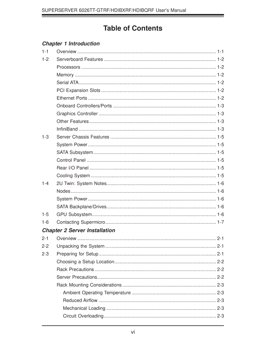 SUPER MICRO Computer 6026TT-GIBQRF, 6026TT-GTRF, 6026TT-GIBXRF user manual Table of Contents 