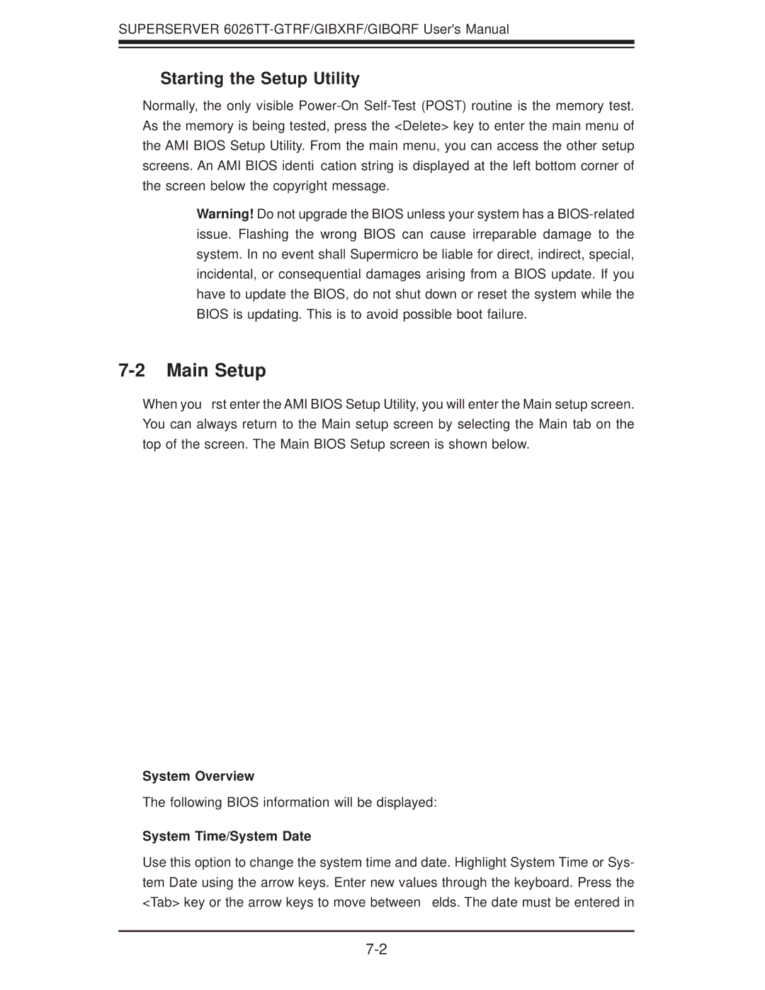 SUPER MICRO Computer 6026TT-GIBXRF Main Setup, Starting the Setup Utility, System Overview, System Time/System Date 