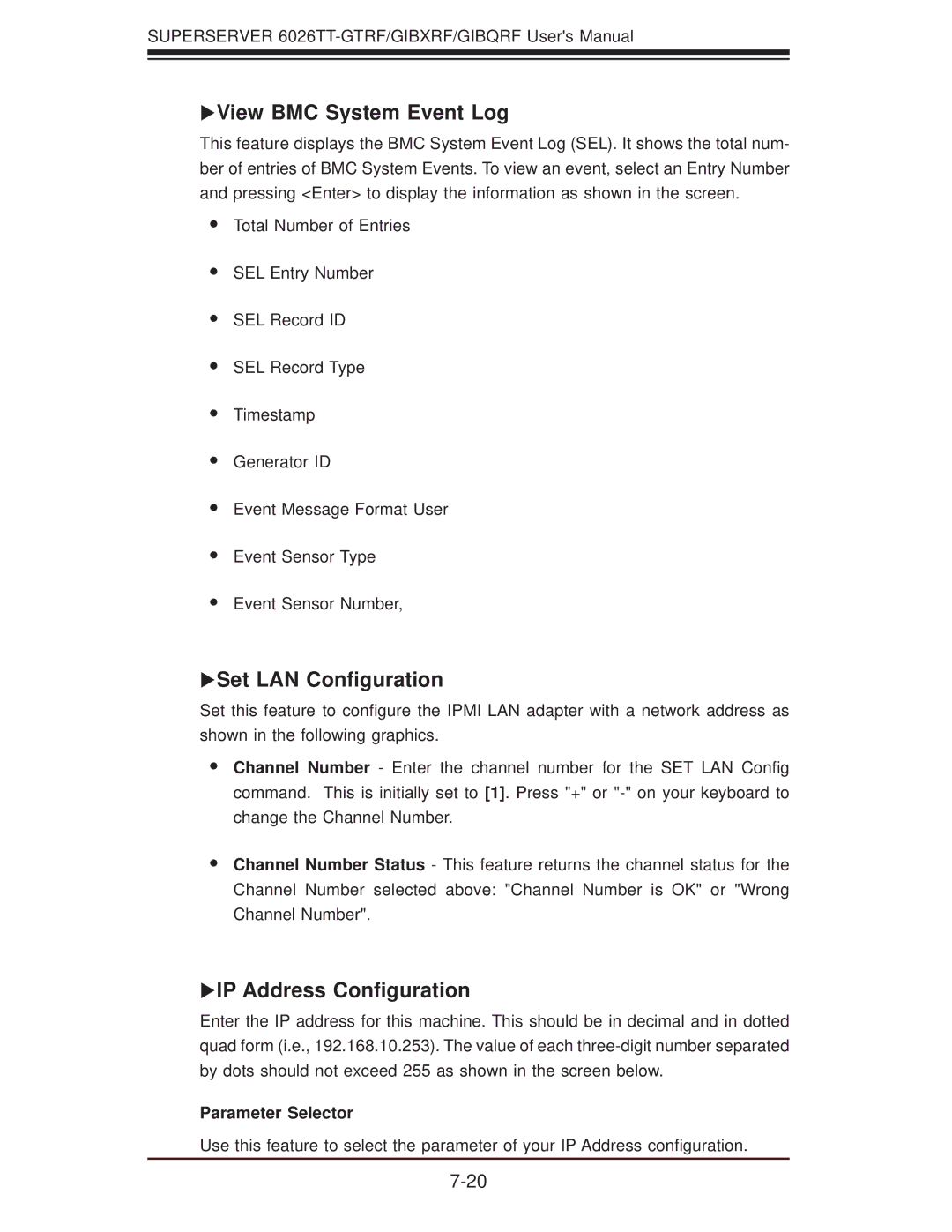 SUPER MICRO Computer 6026TT-GIBXRF user manual XView BMC System Event Log, XSet LAN Conﬁguration, XIP Address Conﬁguration 