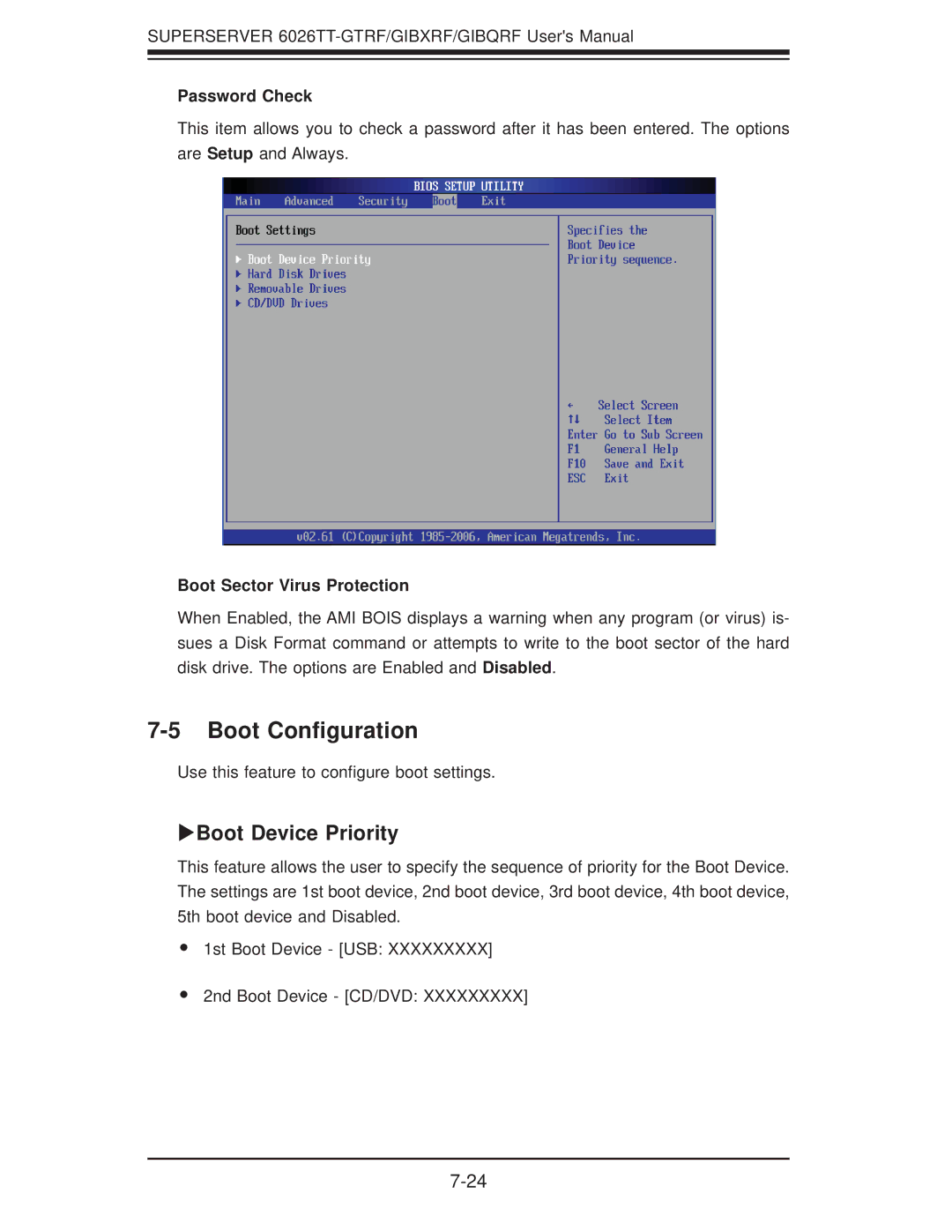 SUPER MICRO Computer 6026TT-GIBQRF Boot Conﬁguration, XBoot Device Priority, Password Check, Boot Sector Virus Protection 