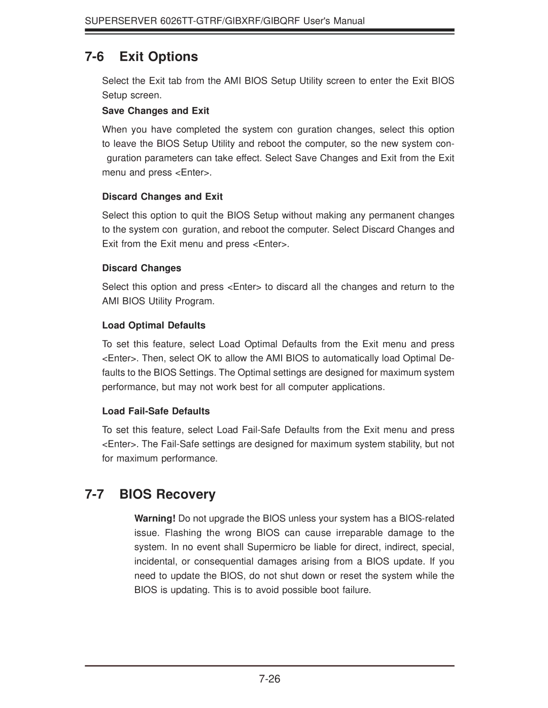 SUPER MICRO Computer 6026TT-GIBXRF, 6026TT-GIBQRF, 6026TT-GTRF user manual Exit Options, Bios Recovery 