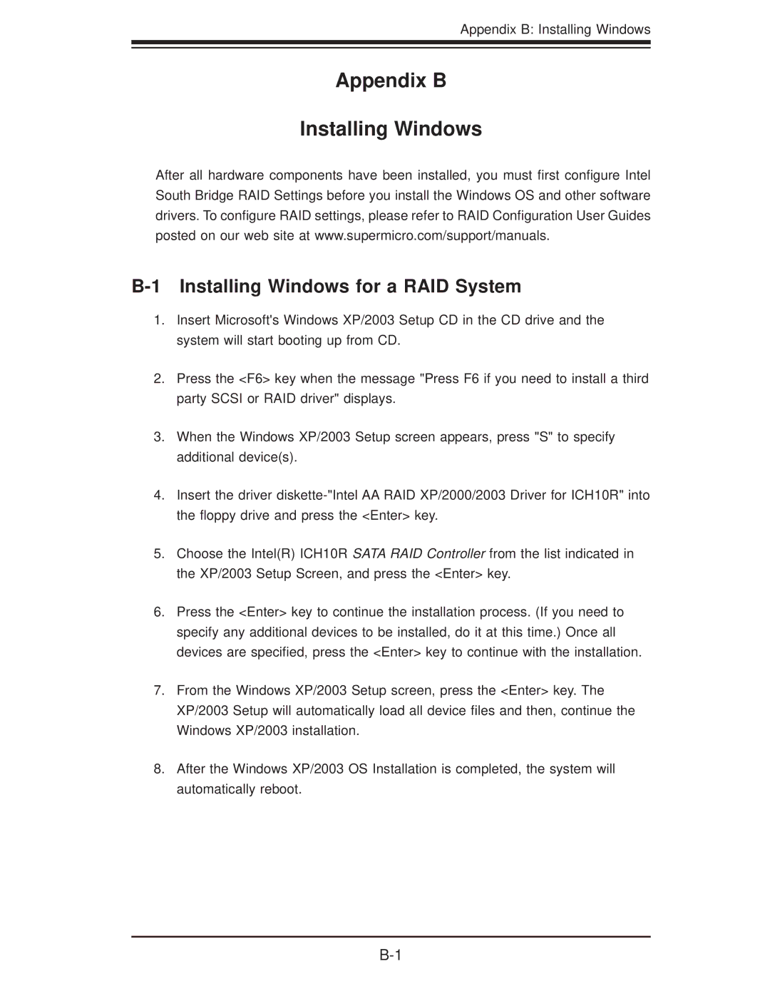 SUPER MICRO Computer 6026TT-GIBQRF, 6026TT-GTRF Appendix B Installing Windows, Installing Windows for a RAID System 