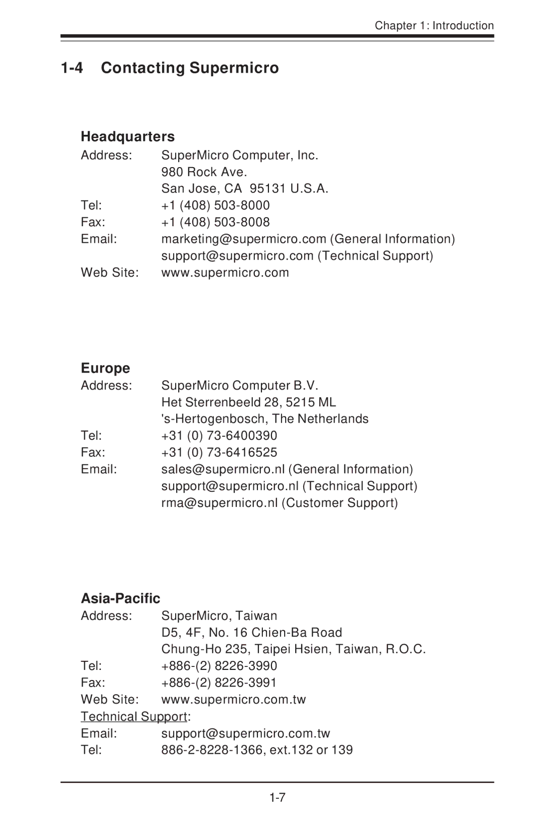 SUPER MICRO Computer 6113L-i, 6113L-8 user manual Contacting Supermicro, Headquarters, Europe, Asia-Pacific 