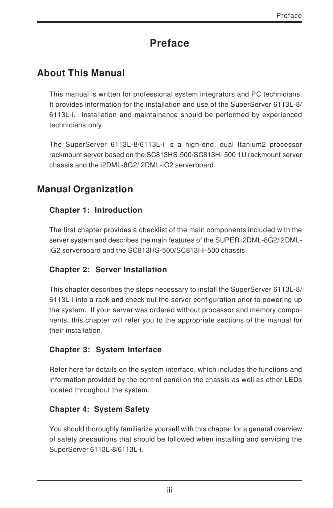 SUPER MICRO Computer 6113L-i, 6113L-8 user manual Preface, About This Manual, Manual Organization 