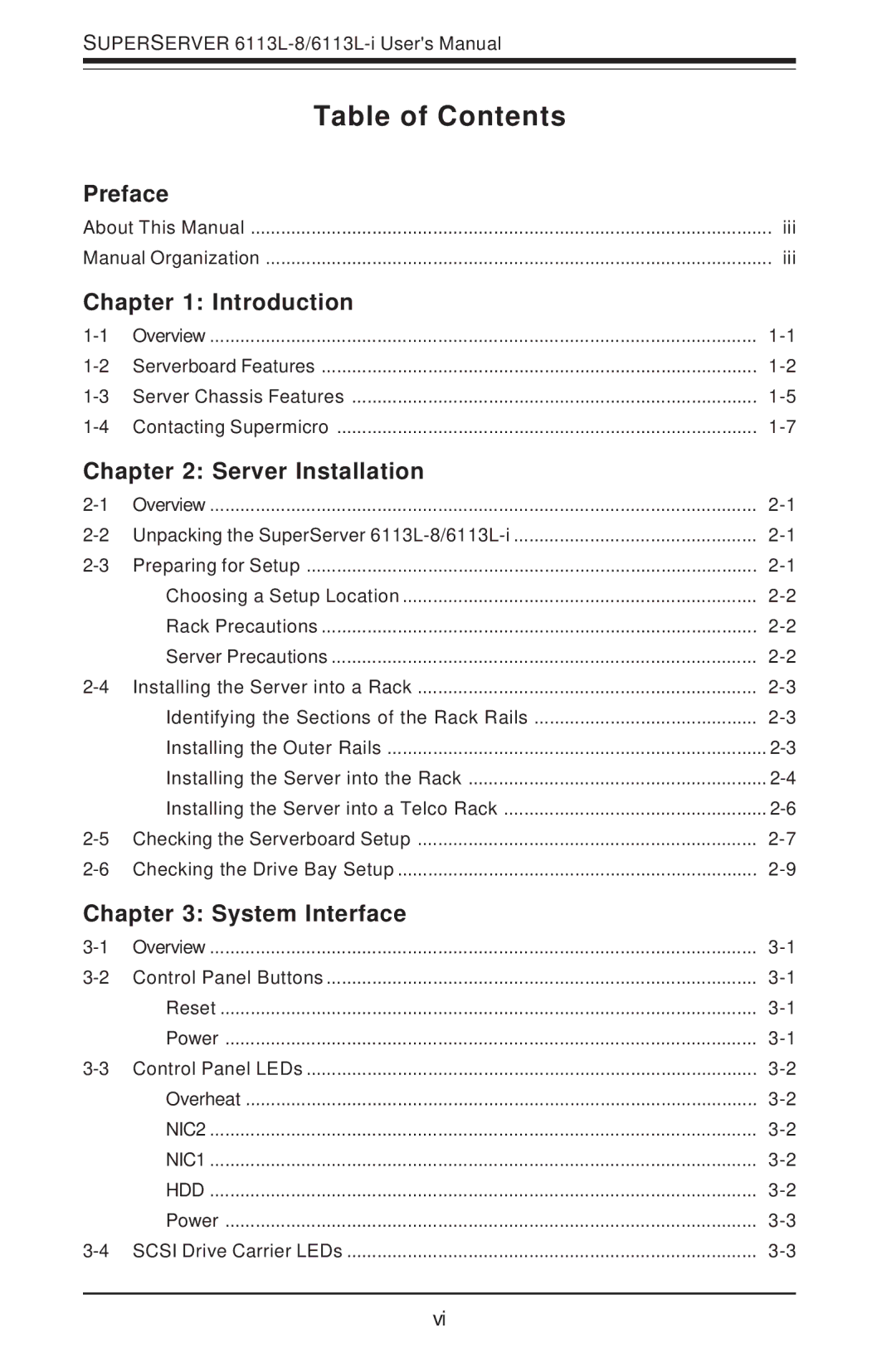 SUPER MICRO Computer 6113L-8, 6113L-i user manual Table of Contents 