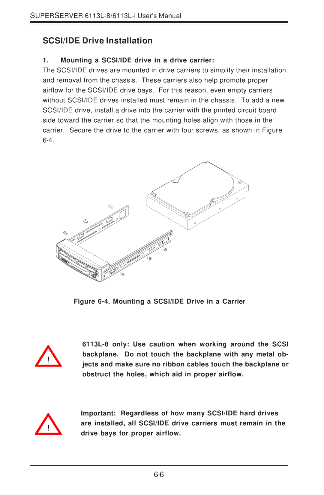 SUPER MICRO Computer 6113L-8, 6113L-i user manual SCSI/IDE Drive Installation, Mounting a SCSI/IDE drive in a drive carrier 