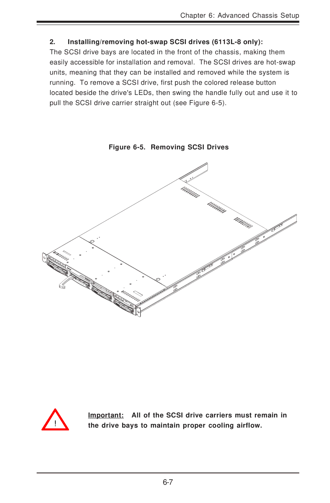 SUPER MICRO Computer 6113L-i user manual Installing/removing hot-swap Scsi drives 6113L-8 only 