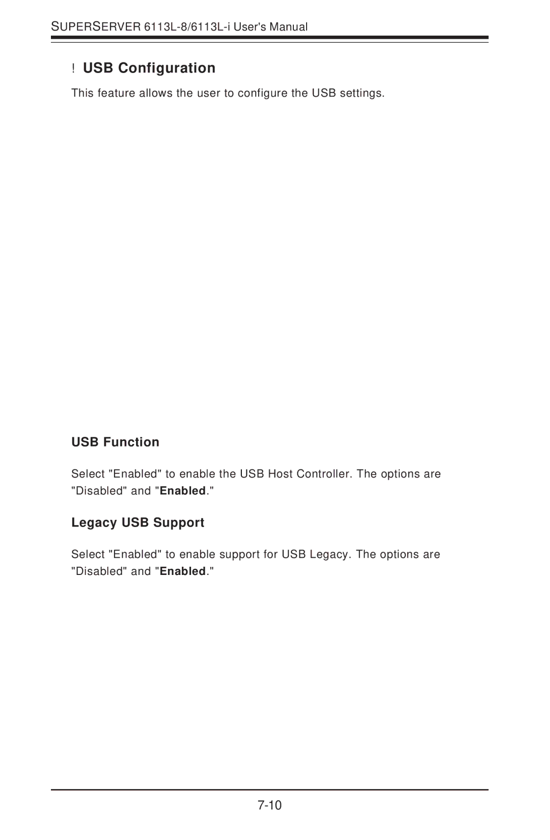 SUPER MICRO Computer 6113L-8, 6113L-i user manual USB Configuration, USB Function, Legacy USB Support 